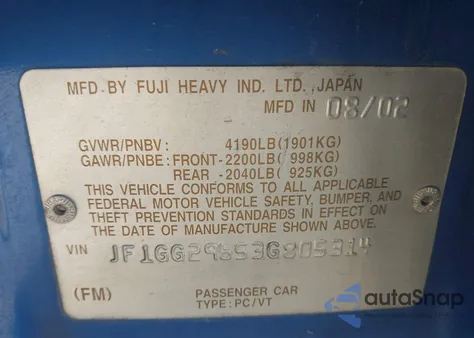 2003 Subaru Impreza Wrx from USA, damaged, VIN JF1GG29653G805314